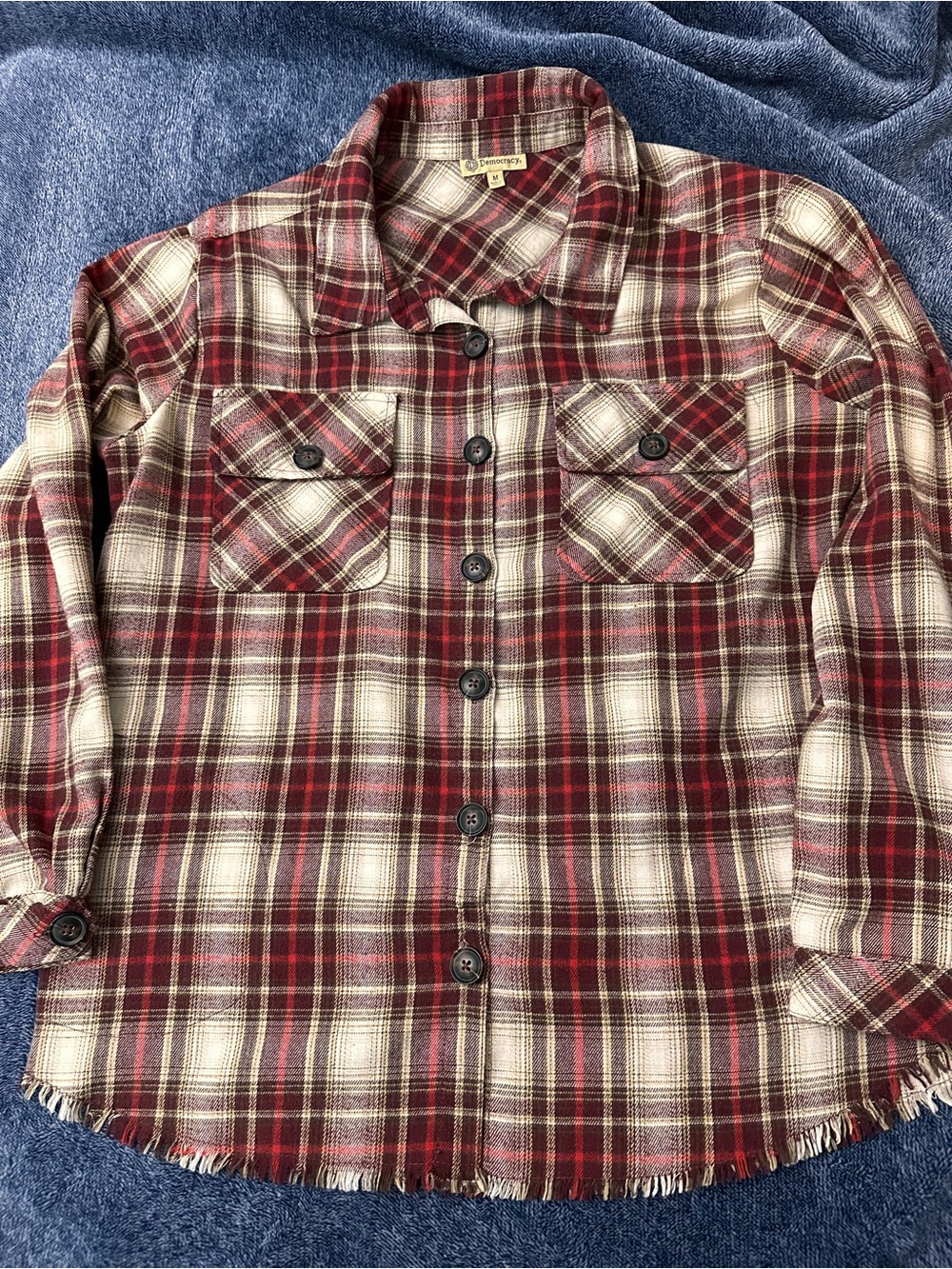 Democracy Plaid Button-Up Shirt in Red and Cream Medium